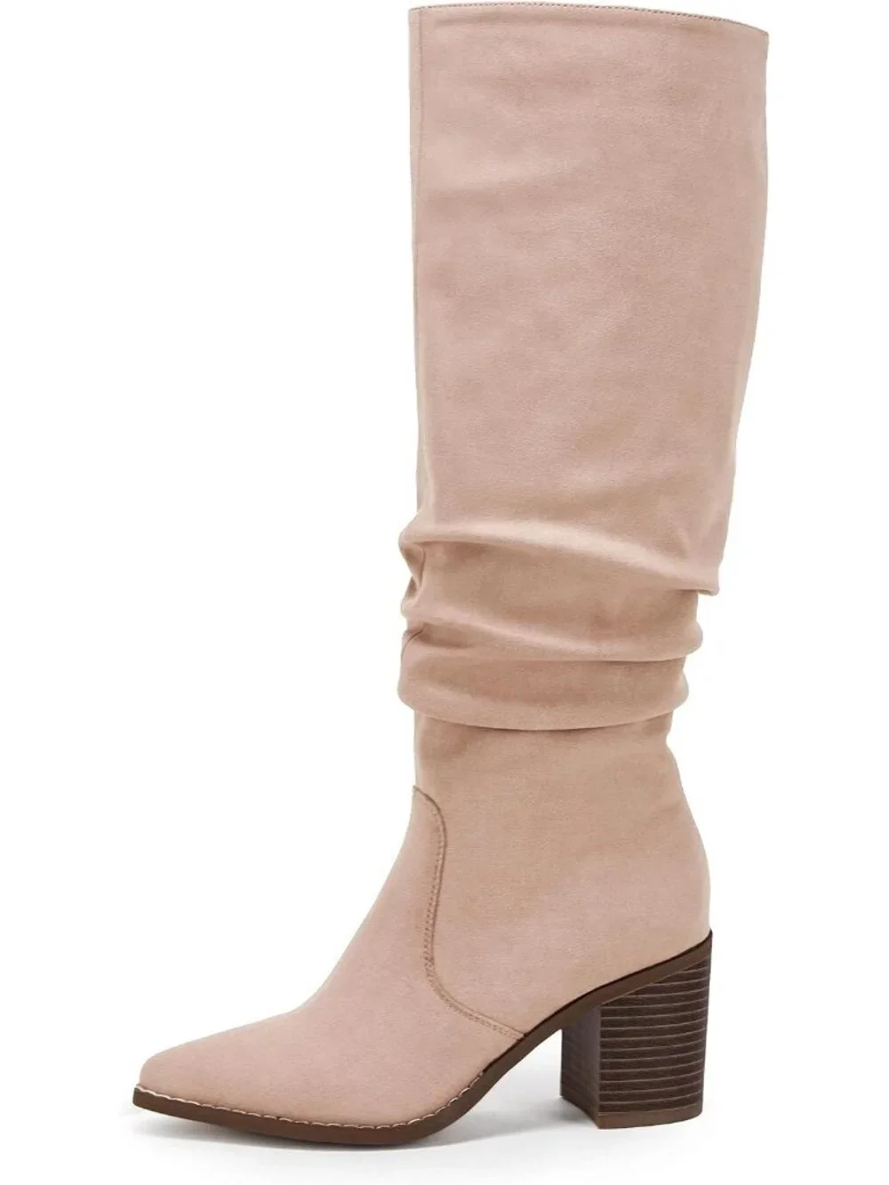 Women's Nude Pointed Toe Mid Chunky Heel Side Zipper Over The Knee Boots
